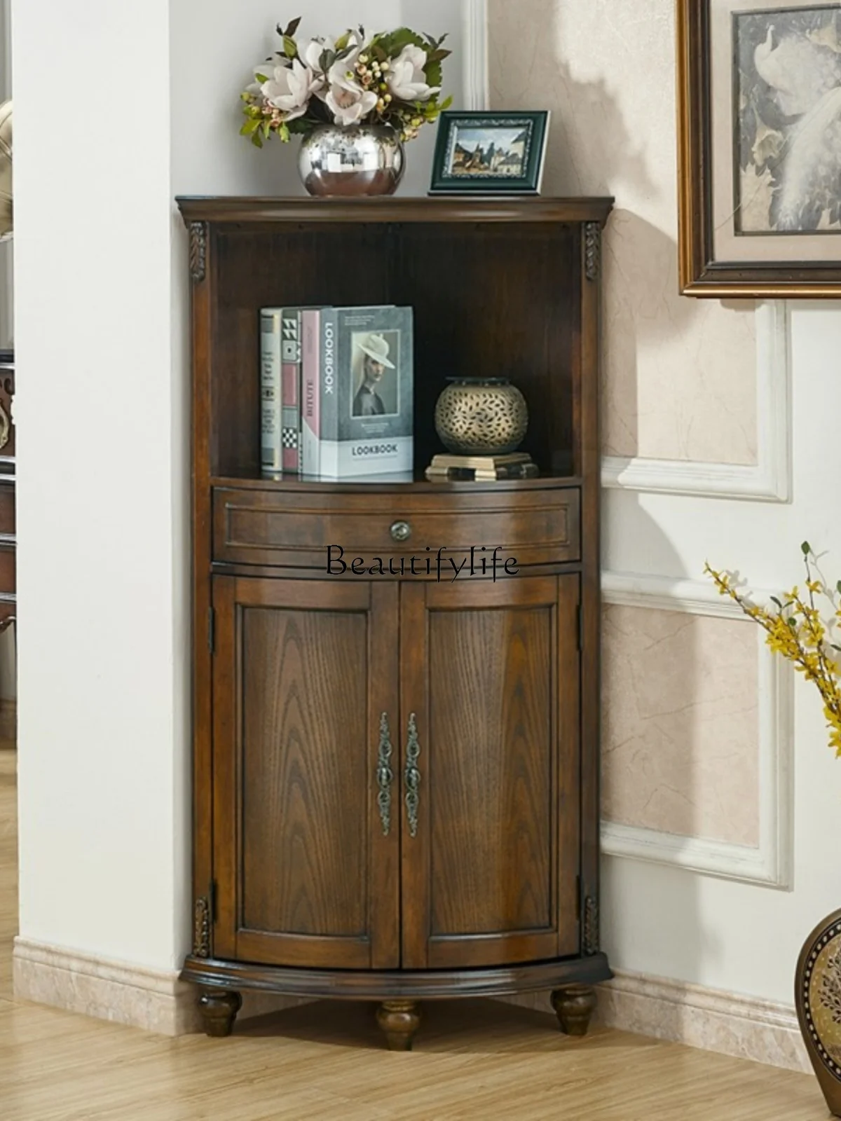 

yj9 American-Style Solid Wood Floor Triangle Cabinet Living Room Storage Storage Corner Cabinet