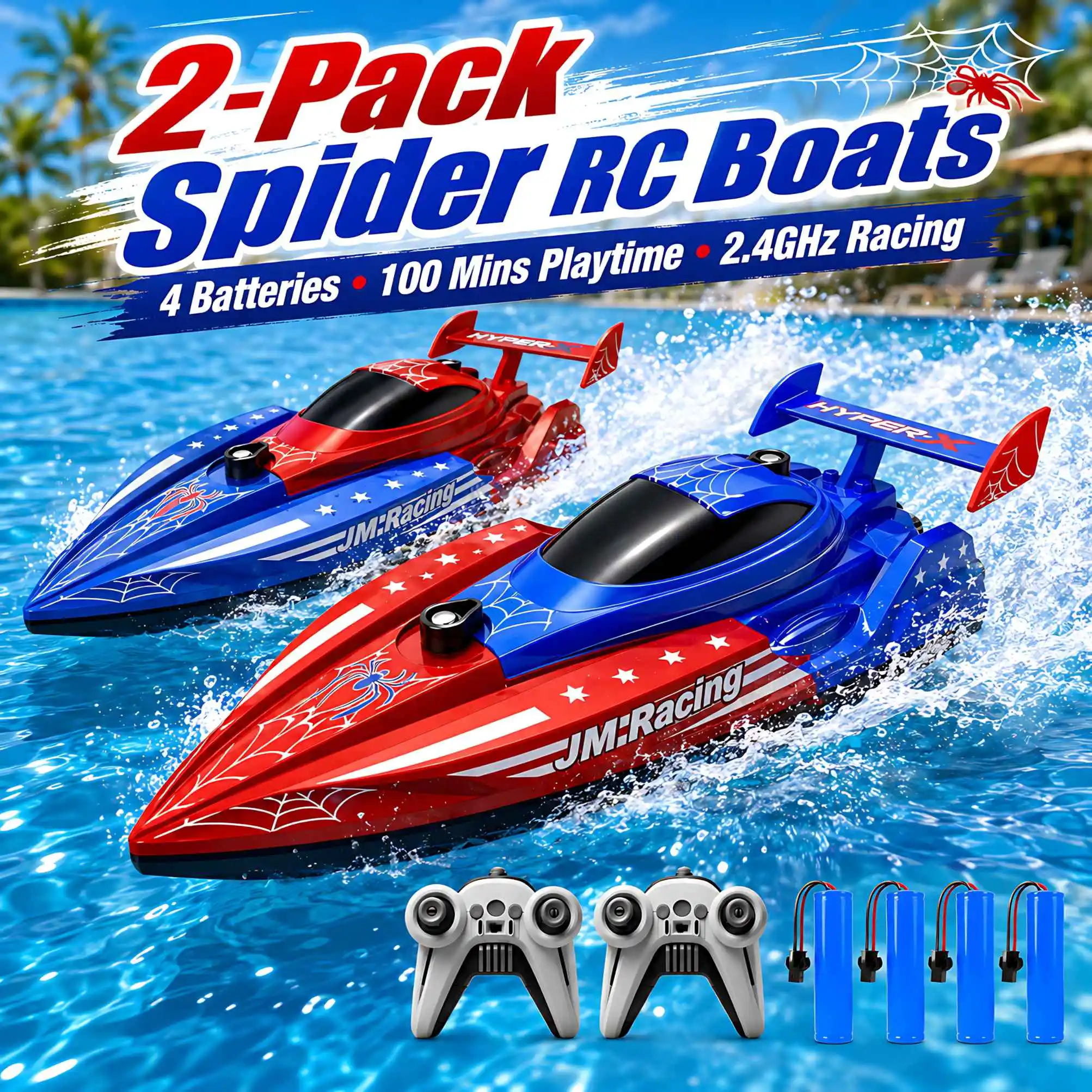 2 Pack RC Boats for Kids, 2.4GHz Remote Control Spider Boat Waterproof Racing Speed Boat Dual Motor Pool Lake Water Toy Gift