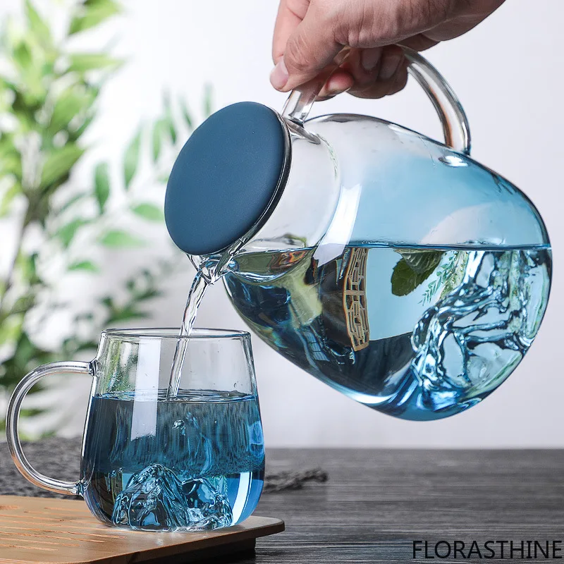 1800ml Glass Cold Water bottle with Handle Fruit Tea Kettle Cup Mountain Design High Temperature Heatable Jug Gradient Color