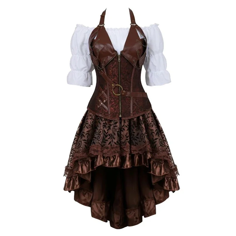 

Steampunk Corset Dress Set for Women Asymmetrical Lace Floral Dreses Three-Pieces Set Blouse & Corset & Skirt Pirate Costume
