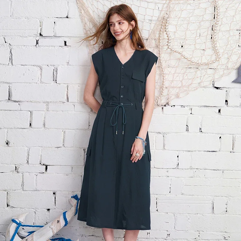 ELFSACK  V Neck Button Midi Dress, Drawstring High Waist Cargo Pocket Dress, Casual Daily Work Outfit
