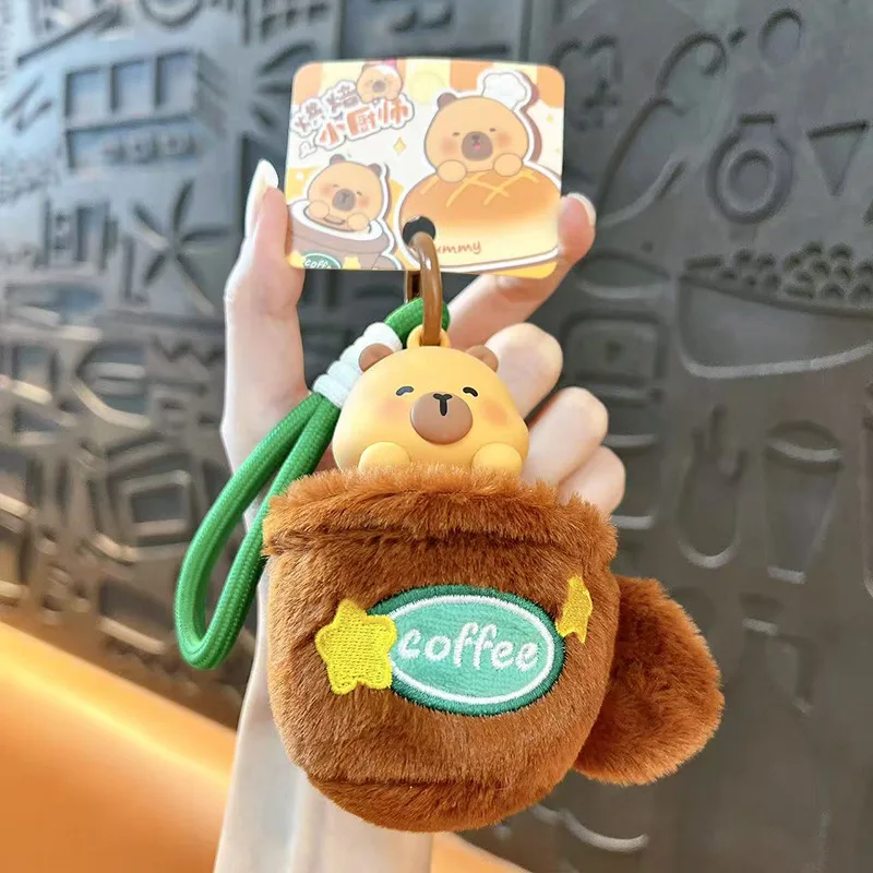 Creatieve schattige koffie brood capibara pluche pop sleutelhanger cartoon zachte pluche knuffeldier paar rugzak hanger grappig cadeau