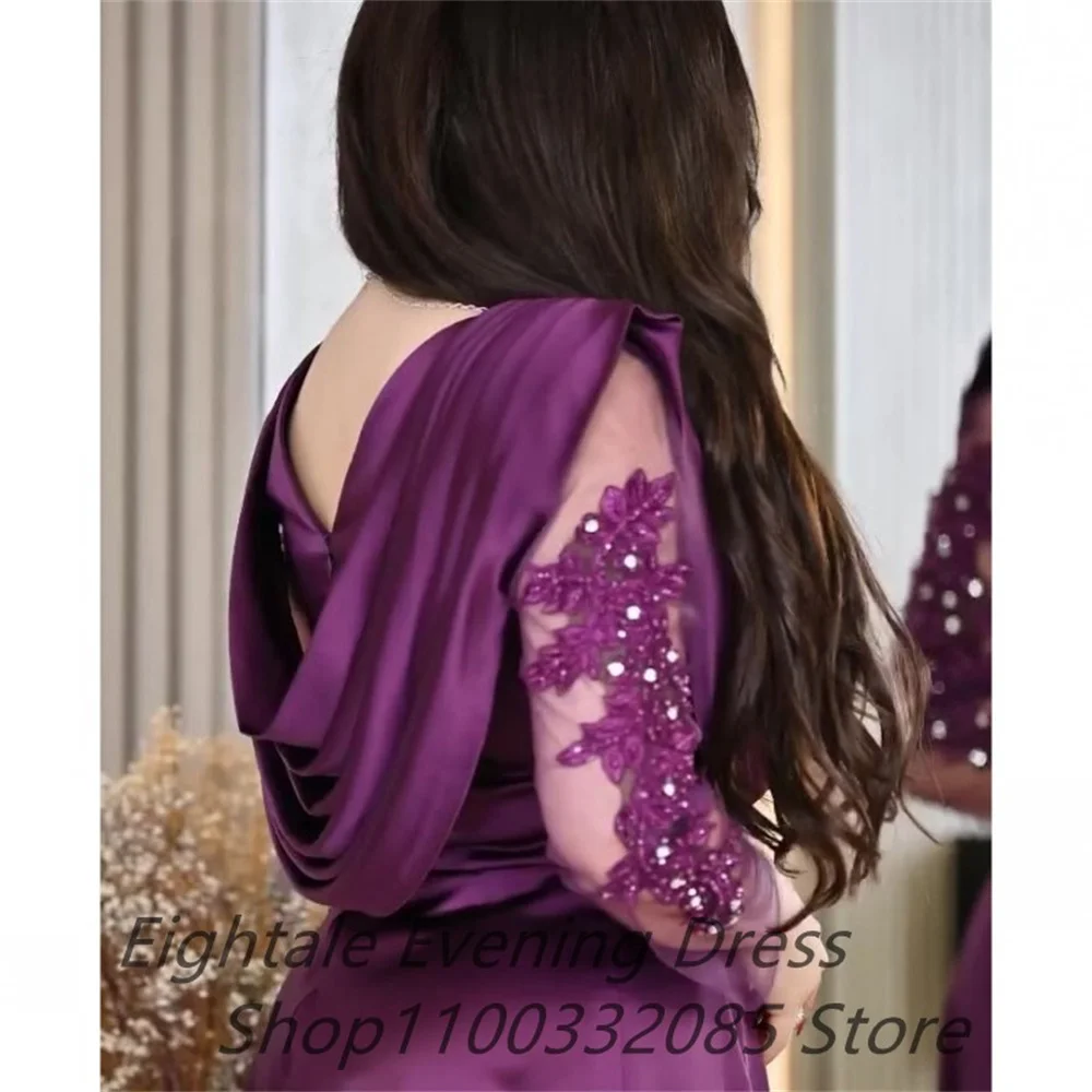 Bella Purple Satin robes de soirée V-neck Plus Size Lace Customized Sleeves Evening Dresses Floor-length A-line Wedding Dress