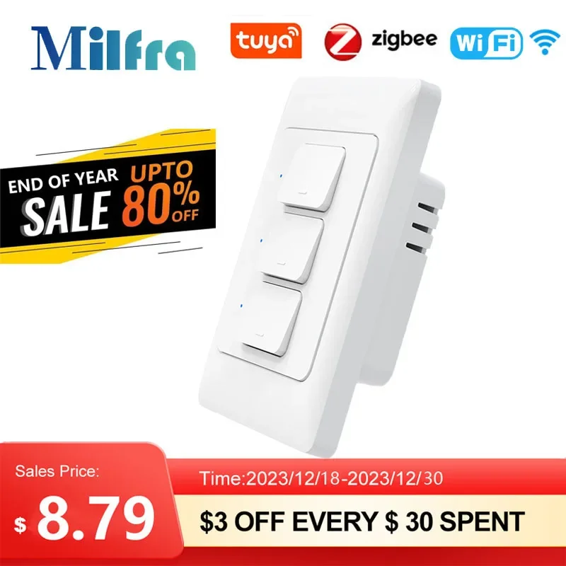 Milfra Smart Light Switch WiFi Zigbee No Neutral Wire Required AU KR Brazil Wall Button Switches 1/2/3Gang AC100V-250V 50/60Hz