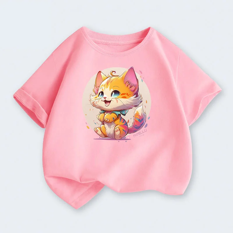 

Летняя детская одежда с круглым вырезом и короткими рукавами с рисунком улыбающегося кота для мальчиков и девочек, доступны большие и маленькие размеры