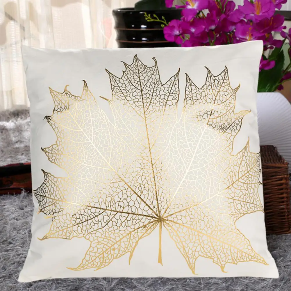 Non-fading Cushion Cover Easy to Maintain Cushion Cover Elegant Bronzing Leaf Print Throw Pillowcase for Bedroom Room Decor