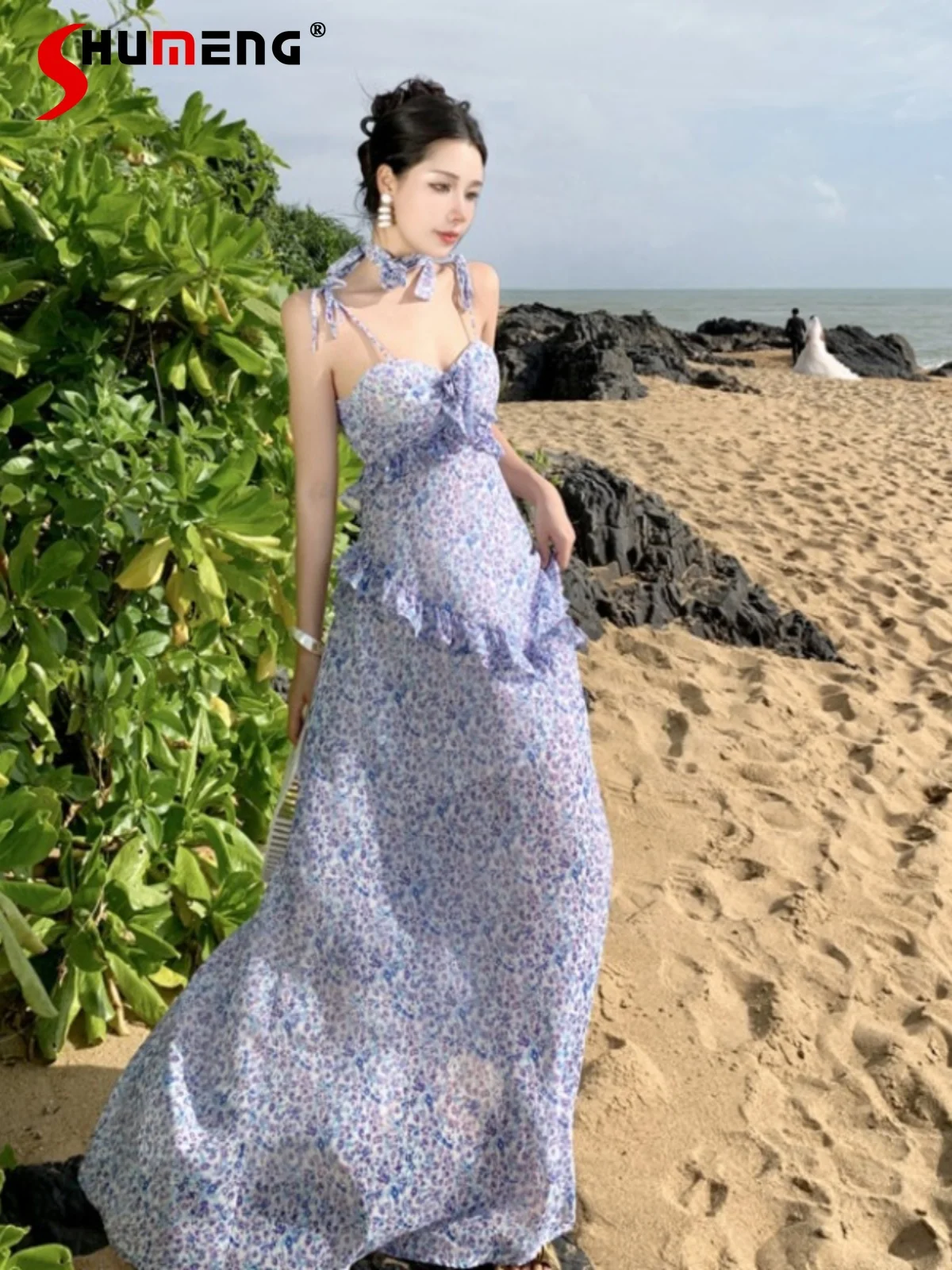 

Fashionable 2024 Women's Clothes Spring Summer New Super Fairy Strap Flower Dress Seaside Holiday Beach Dresses Long Skirts