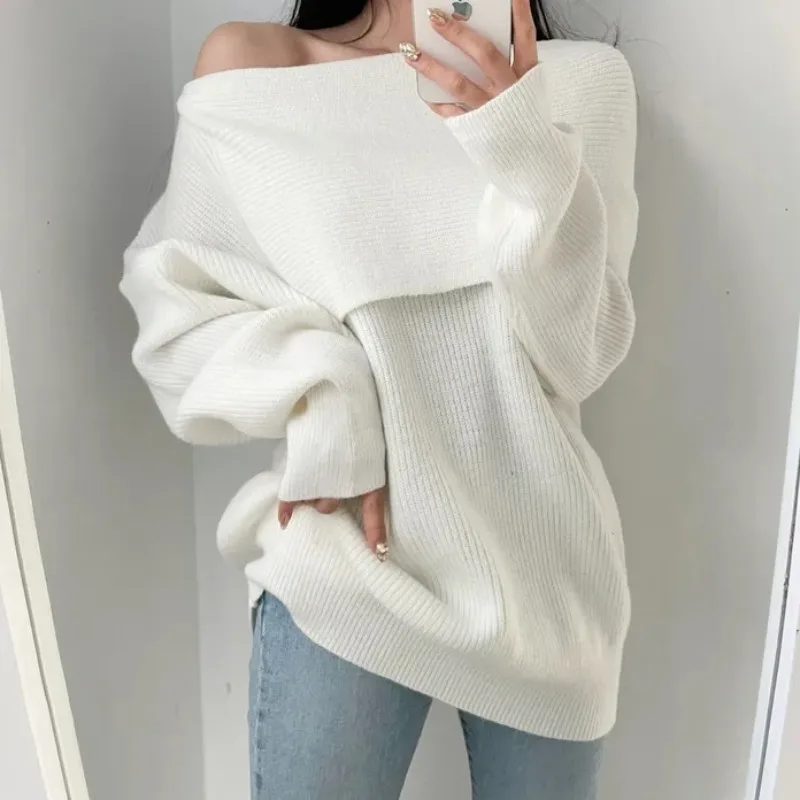 Sexy One Shoulder Short Knit Pullovers Women Fall Winter American Thickened Long Sleeve Sweater Tops 3 Colors