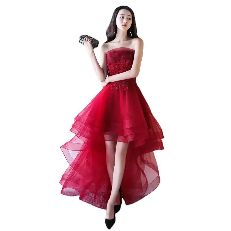 O139 Sweet Memory Strapless High Low Prom Dress Black Sliver Grey Wine Red Formal Dress Girls Graduation Homecoming Dresses