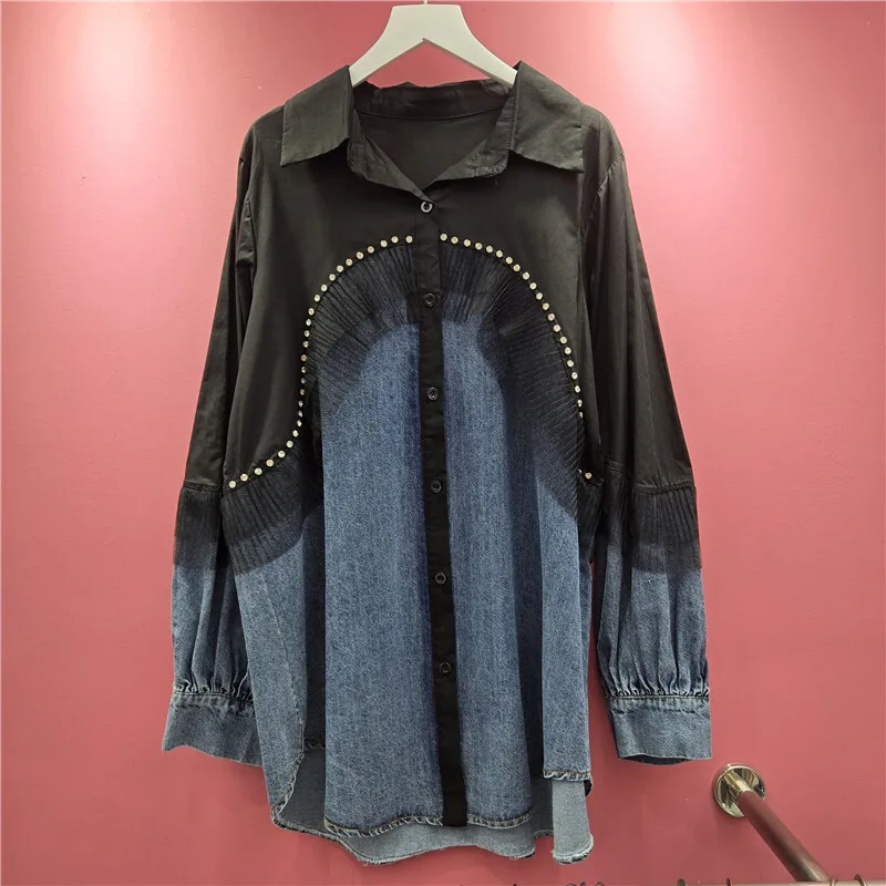 WTHT 신상 여성 헤비 인더스트리 다이아몬드 장식 데님 루즈 셔츠 2025 가을 라펠 긴팔 블라우스 여성용 1LS2632