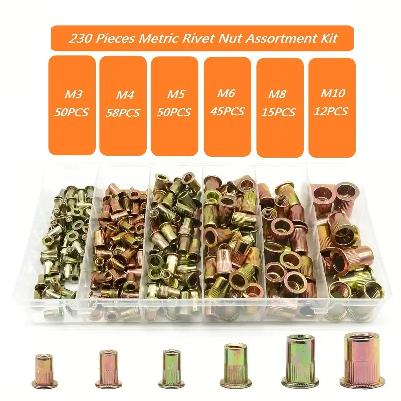 230Pcs Rivet Nut Tool Kit Rivet Nut Threaded Insert M3 M10