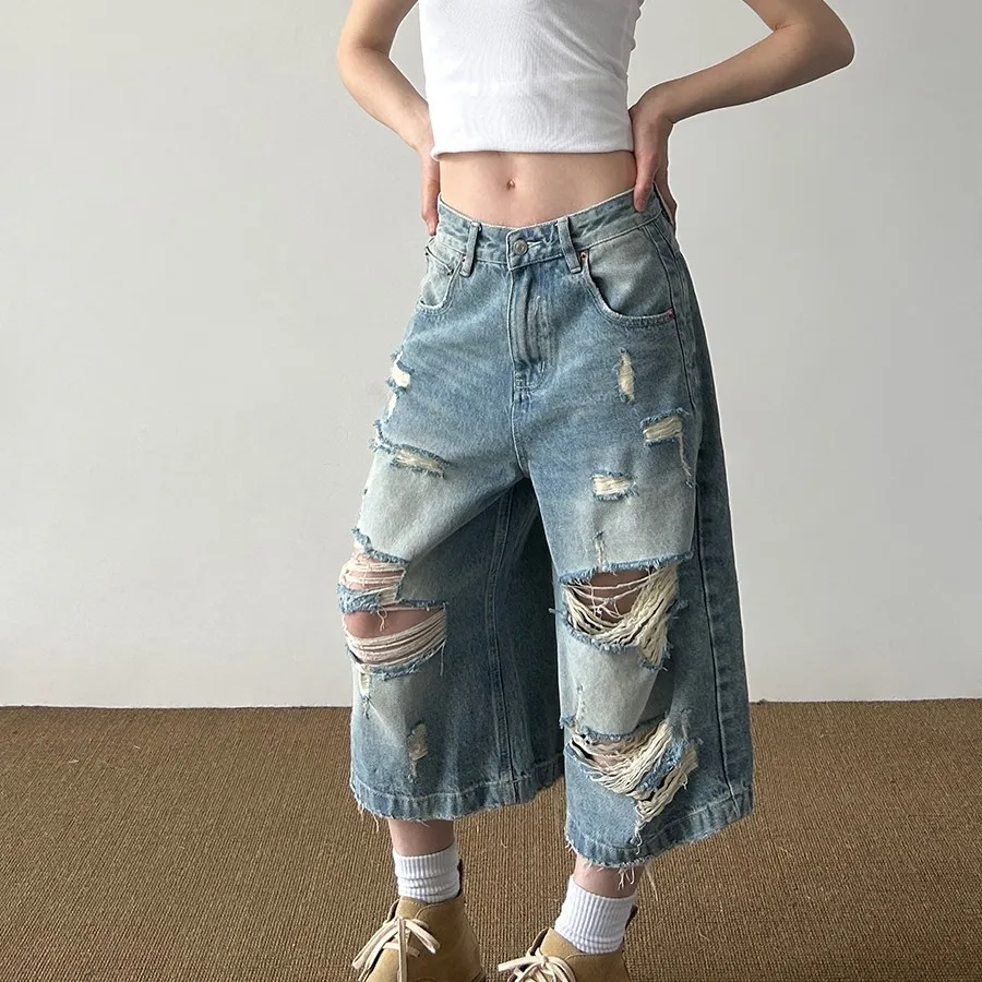 Women Denim Pant Jeans Vintage Wide Leg Long Pants Hole High Waist Straight Trousers Y2k Streetwear Elegant Work Casual Loose