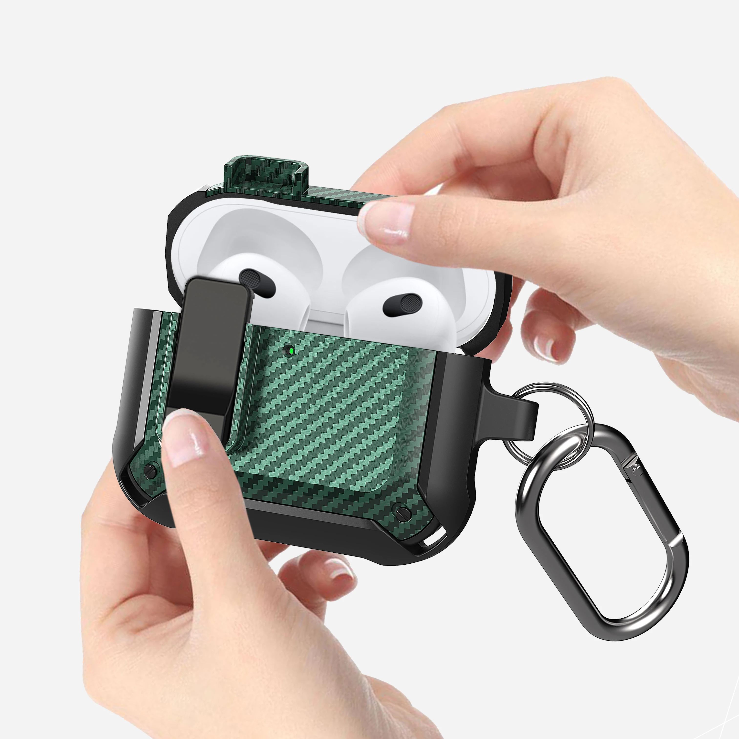 For Airpods 4 Case with Security Lock Carbon Fiber Grain Hard Cover for Airpods 4th Generation Pro 2 Air Pods 3 2 with Keychain