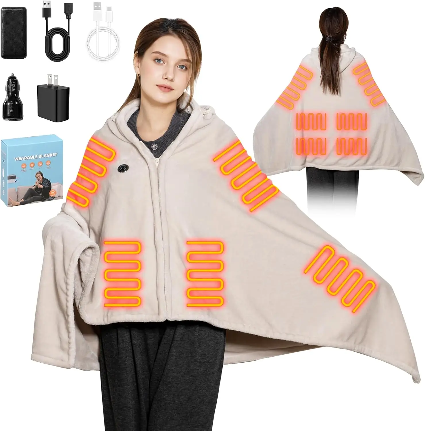 

Rechargeable Wearable Heated Blanket with Hood, 20000mAh Battery, 9 Heating Zones, 3 Heat Levels for Camping & Home Use