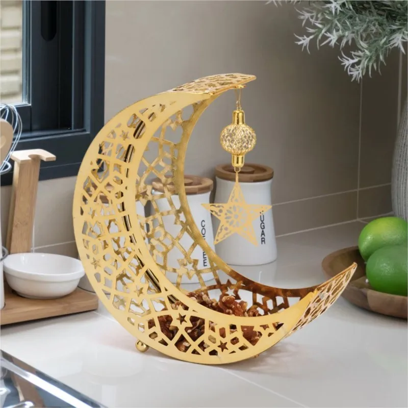 Ramadan Moon Star Hollow Golden Iron Tray Snack Comfit Fruit Storage Living Room Kitchen Festival Party Wedding Table Decoration