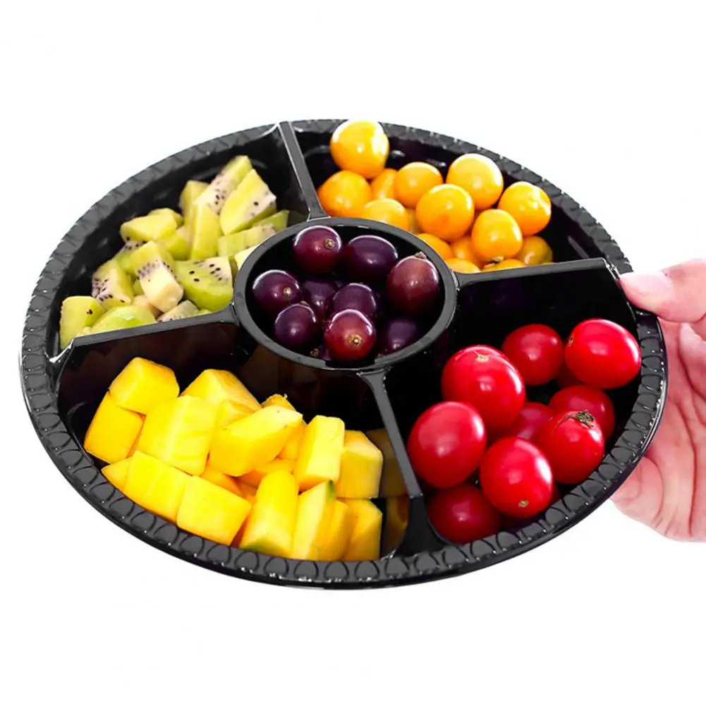 Plastic Tray with Compartments Disposable Round Plastic Fruit Veggie Serving Trays with Lid 6 Compartment Food Storage for Party