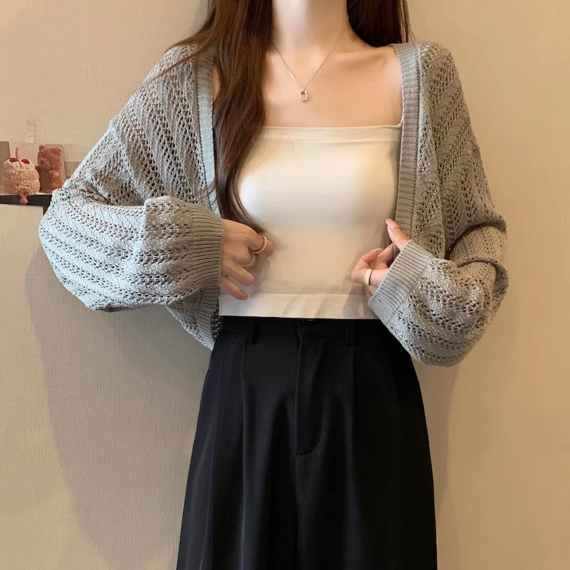 Pointelle tricot ouvert devant Cardigan pour femmes haut court haussement d'épaules Cardigan pull veste printemps été adolescente Y2K tenue