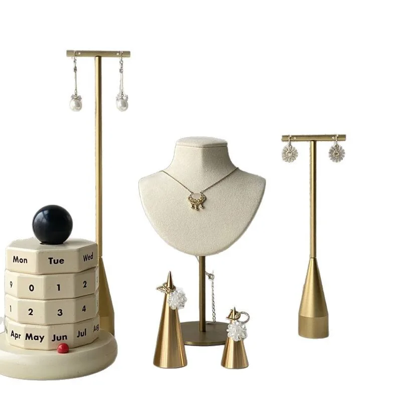 

Metal Base Earring Necklace Organizer Holder Jewelry Counter Earrings Rings Display Stand Beige Jewelry Display Props with