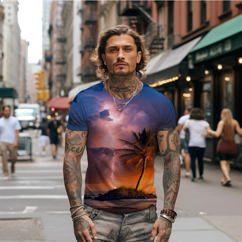 Summer new men's T -shirt seaside storm 3D printed men's T -shirt casual men's T -shirt fashion trend men's T -shirt