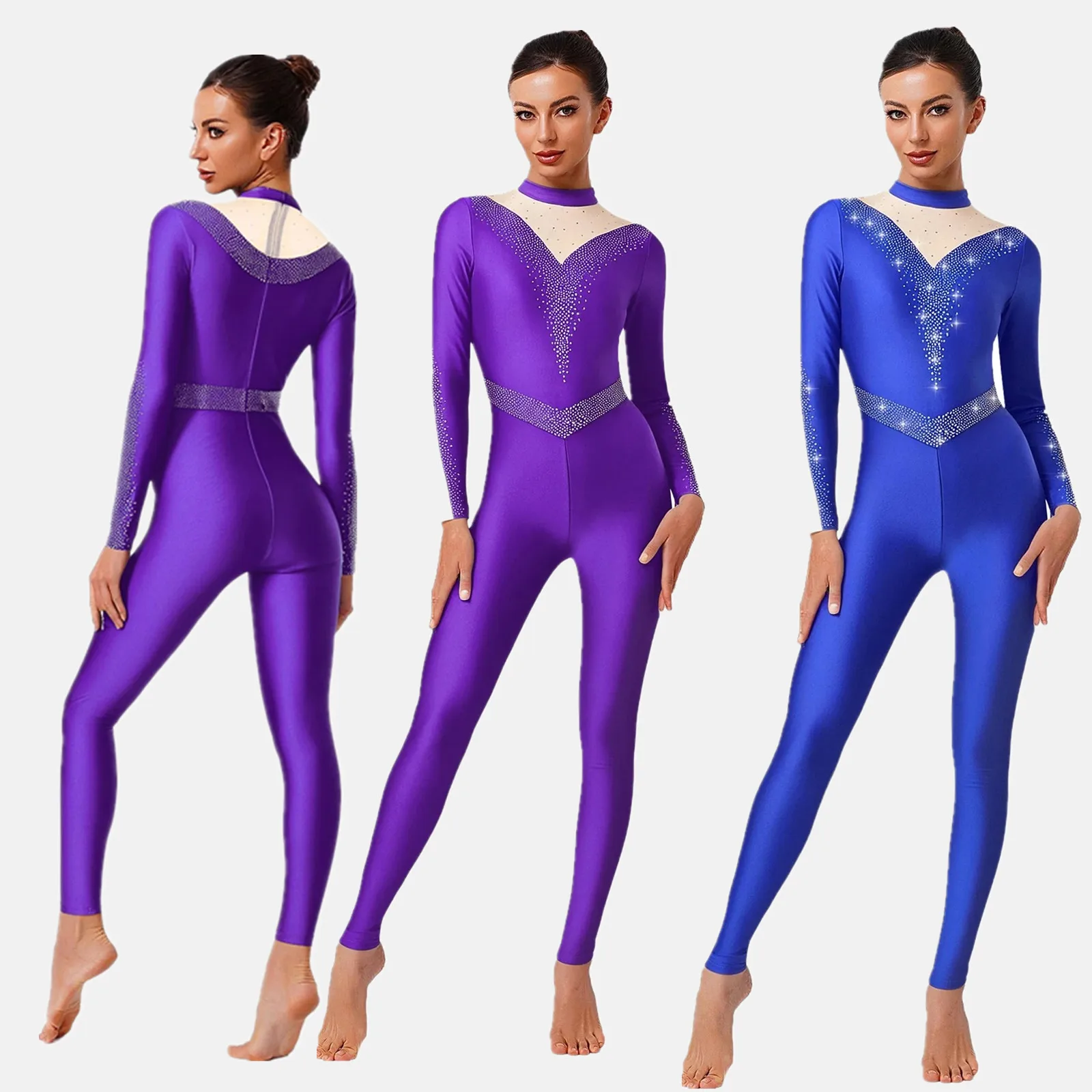 

Женские гимнастические балетные трико для фигурного катания, танцевальный костюм, комбинезон, боди, блестящие стразы, облегающий комбинезон, комбинезоны