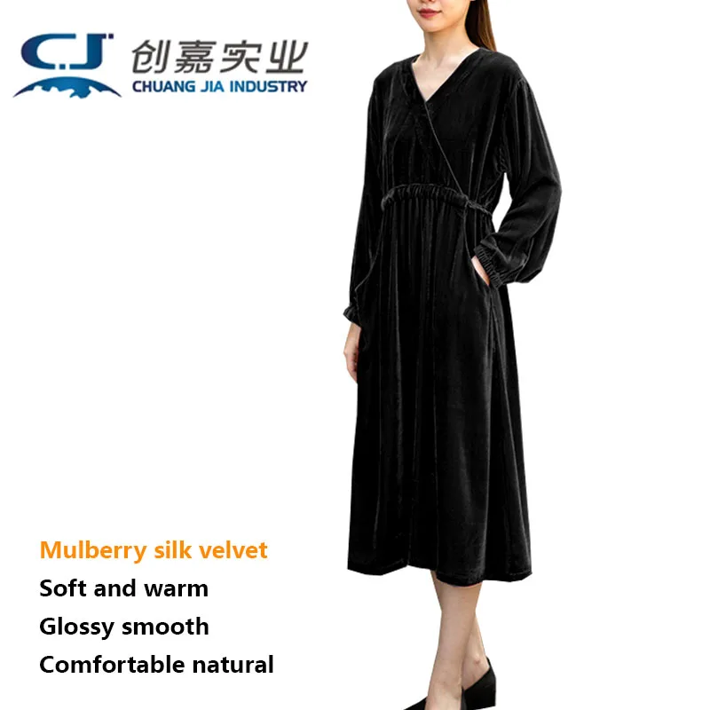 

Real Silk Velvet Lady Spring Autumn Lantern Long-sleeved V-neck Dress Wear Rope Lace-up Black Large Size Fat Girl 100KG Women's