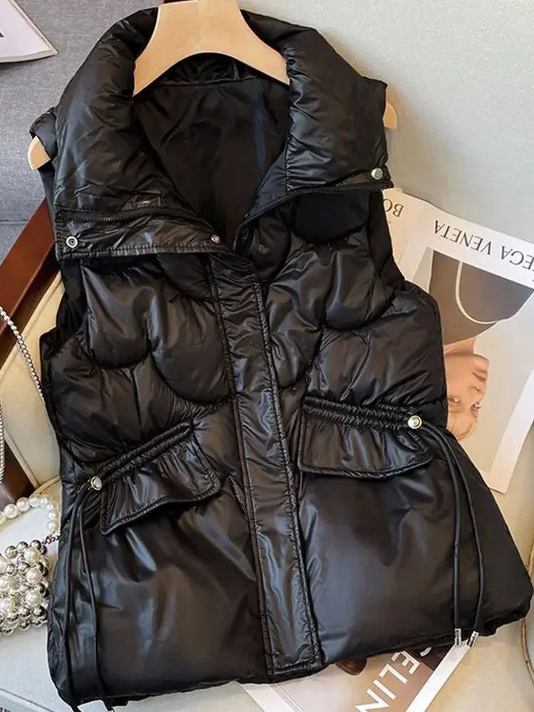 Veste courte en duvet noir pour femme, gilet vintage, vêtements d'extérieur, parkas debout