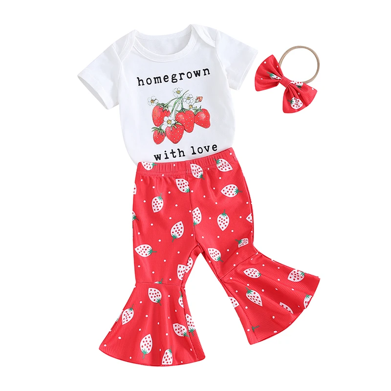 

Baby Girl Bell Bottoms Outfits Strawberry Homegrown with Love Romper Flare Pants Headband Spring Clothes Set