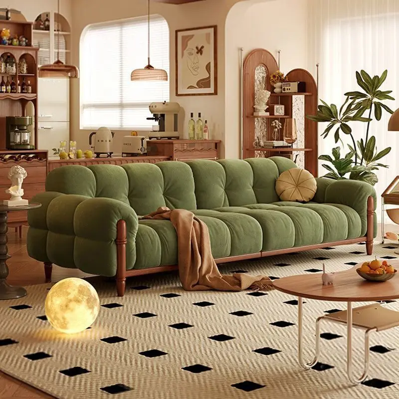 French retro sofa, small apartment cream style, dark green American fabric sofa, household