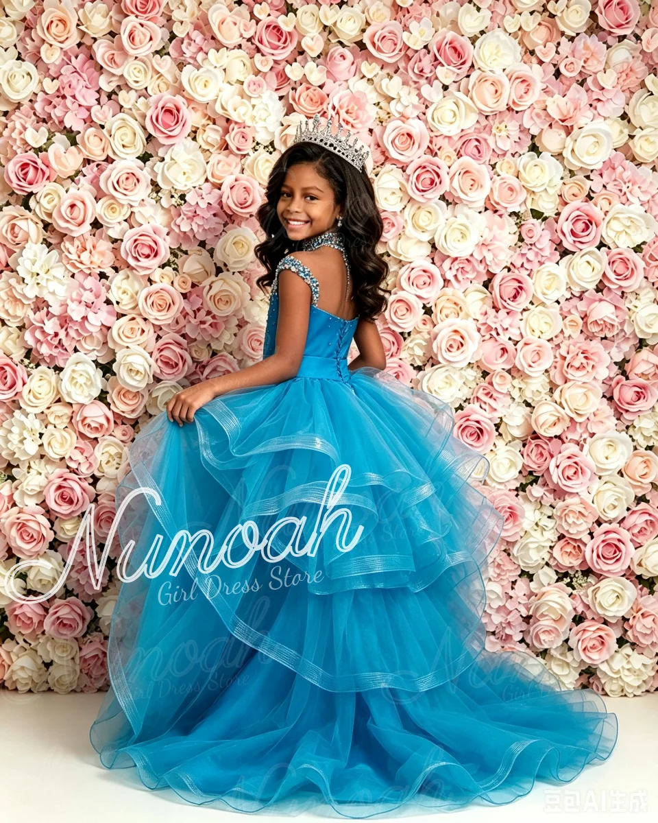 Princess Blue Flower Girl Dresses with Trail Ruffles Mermaid Birthday Pageant Gowns For Wedding Girl Birthday Party Customized