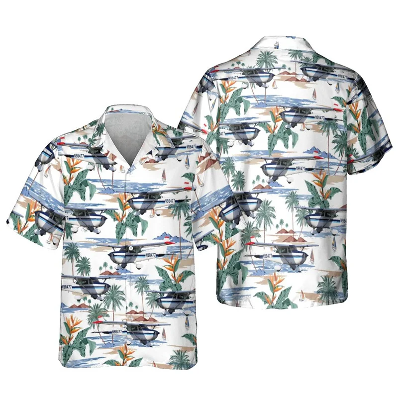 Fashion 3D Printed Plane Hawaiian Shirt Men Fighter Aircraft Helicopters Graphic Beach Blouse Palm Tree Short Sleeve Clothes