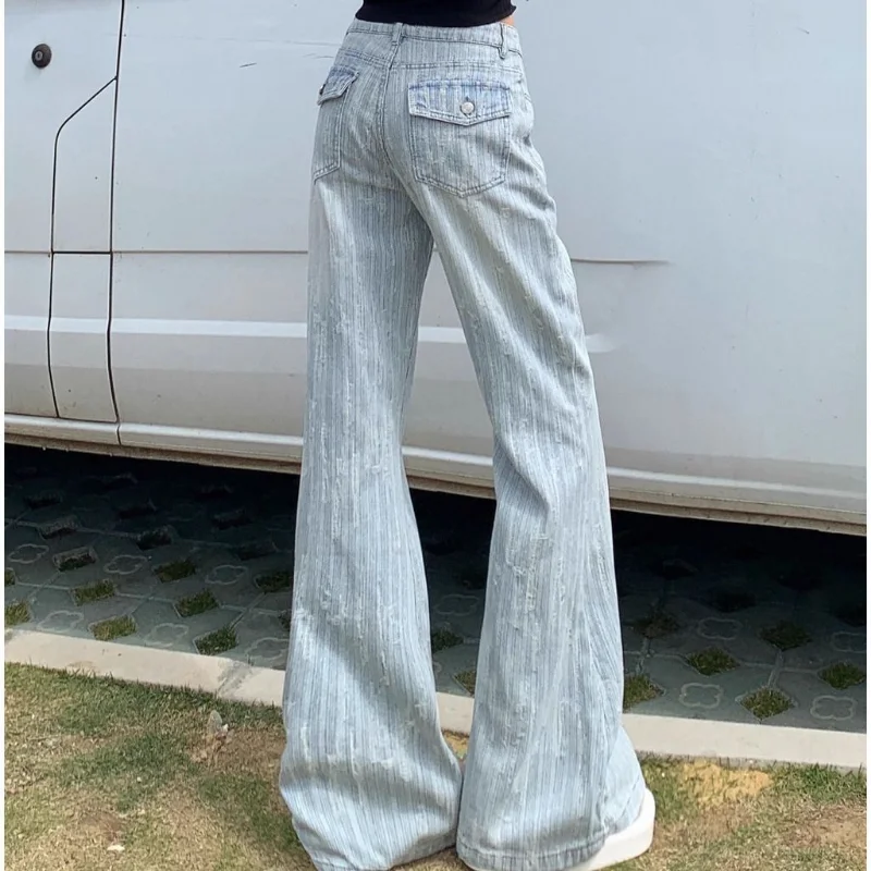 Bamboo Knot Flared Jeans Women Spring Summer Thin High Waist Slim Fit Light Wash Bootcut Pants