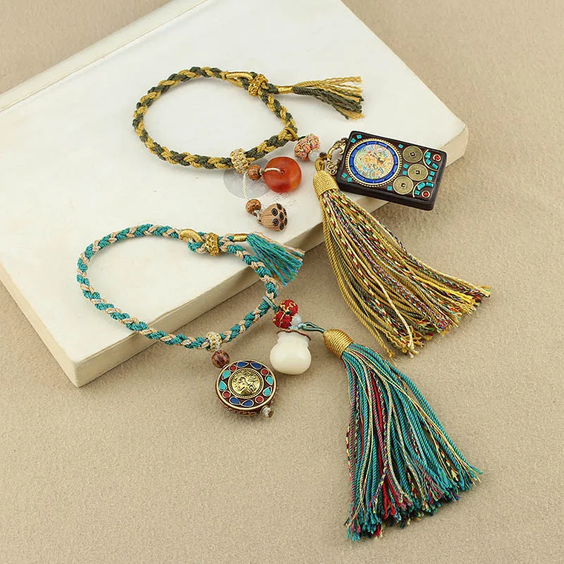 DIY accessories Guochao Nepalese Thangka hand rubbing rope car pendant Bodhi lucky bag new Chinese braided rope fringed bracelet