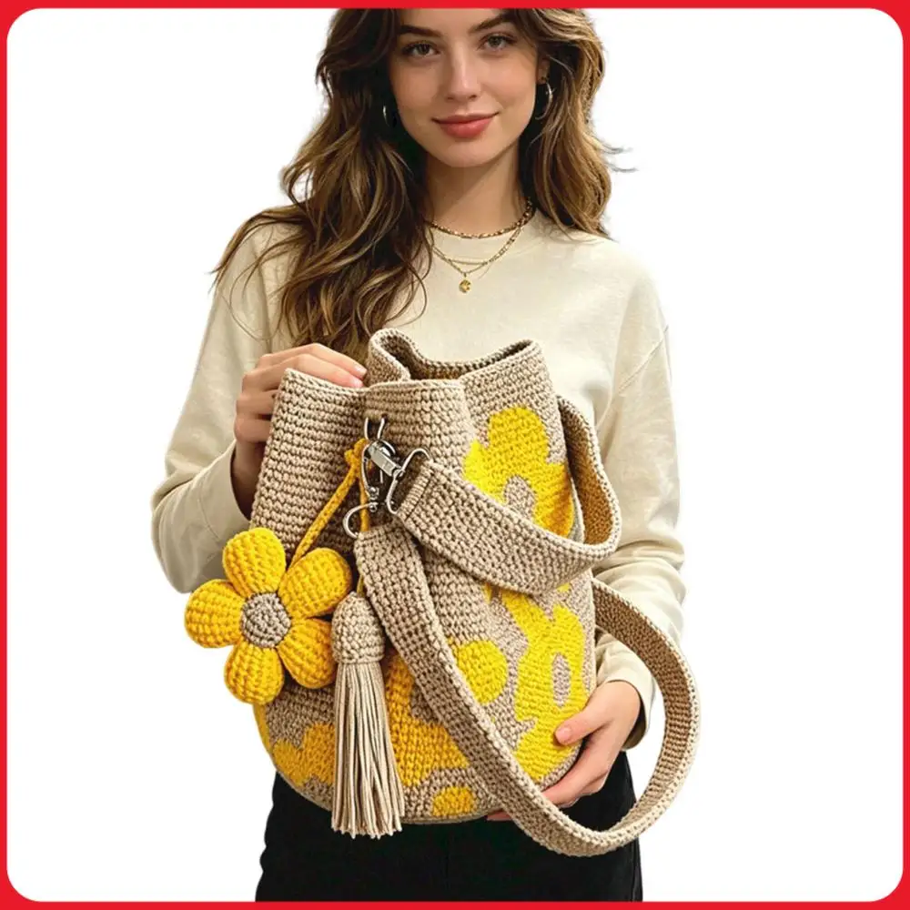 

Knit Floral Purse Bag Lightweight Boho Beach Handbag with Flower Tassel Needlepoint Barrel Drawstring Purse for Women Vacation