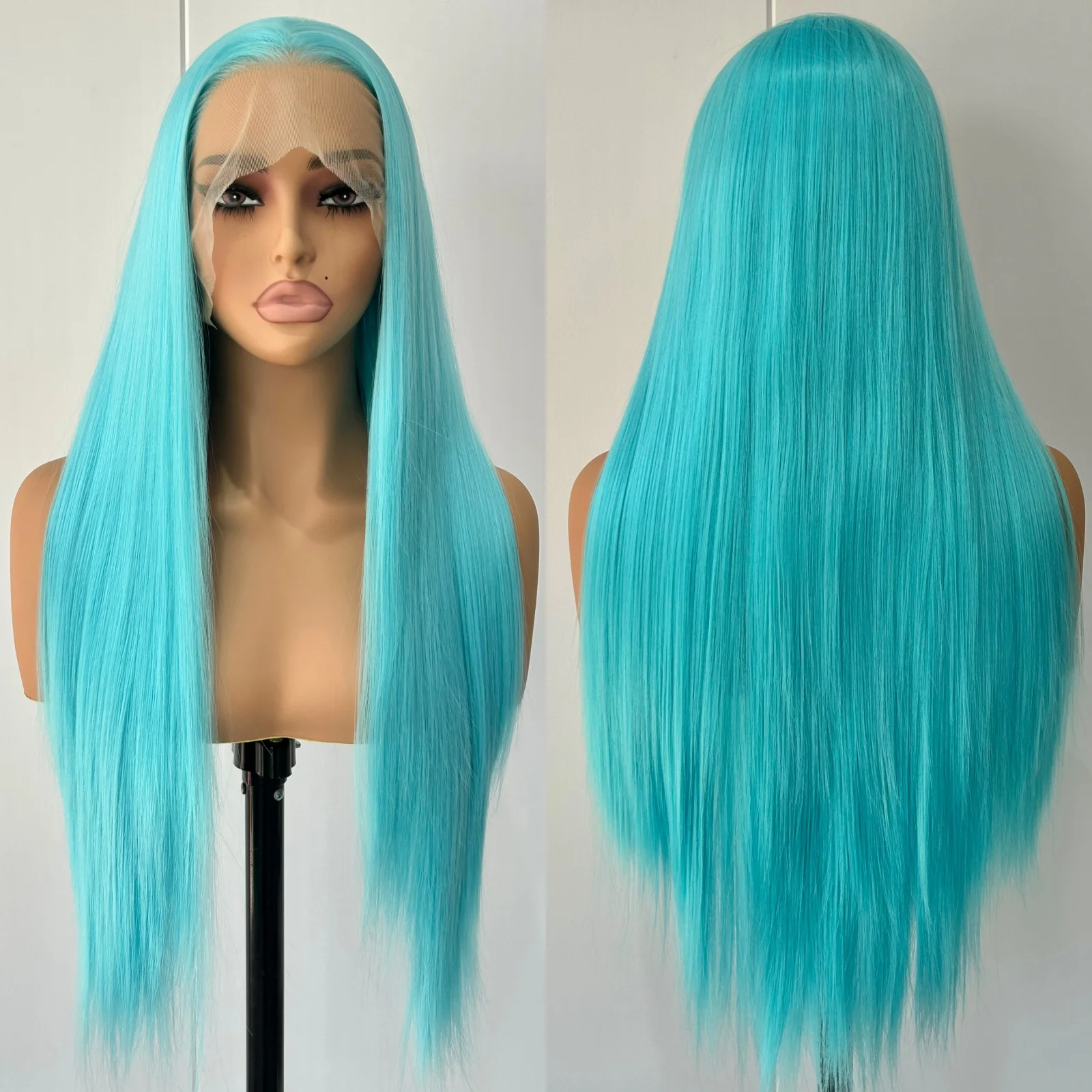 Blue Wig Long Straight Synthetic Lace Front Wig Glueless Ready to Wear Cosplay Party Light Blue Hair Lace Frontal Wigs for Women