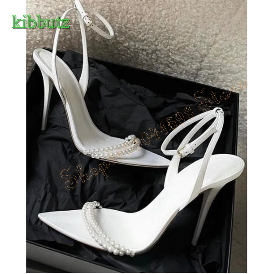 Sexy Pointed Toe Sandals White Pearl Stiletto Leather Women\'s Shoes Wedding Party High Heel Shoes 2024 New Zapatos Para Mujere