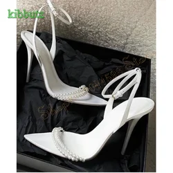 Sexy Pointed Toe Sandals White Pearl Stiletto Leather Women's Shoes Wedding Party High Heel Shoes 2024 New Zapatos Para Mujere