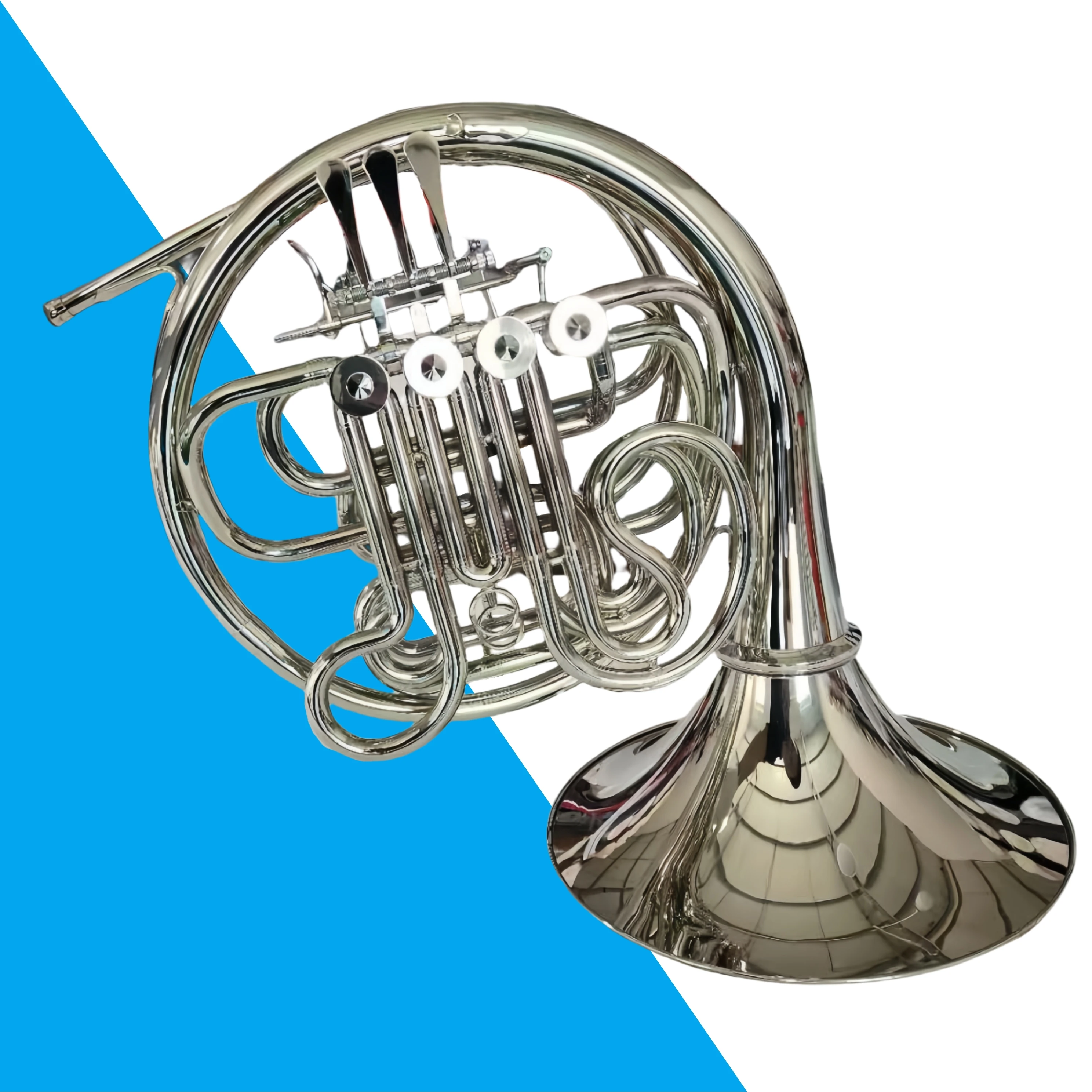 

Factory Wholesale Four-Key French Horn Double Row Brass Material with White Nickel Appearance Split Round Number Plated