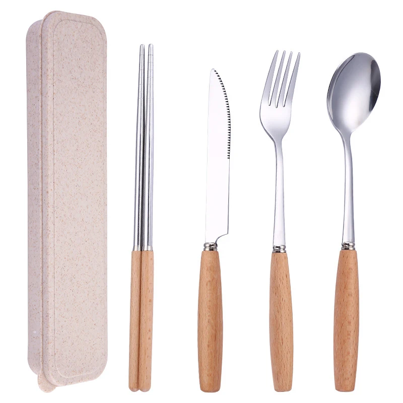 Portable Utensils Set With Case-4 Pieces Wood Handle Reusable Flatware Set Fork Spoon Stainless Steel Portable Travel Utensil Se