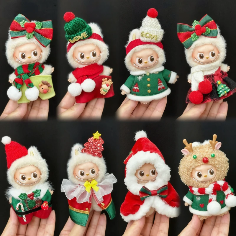 

For 10cm 4th Gen Mini Labubu Heart Code Christmas Deer Red Cape Bib Bow Dress Bib Pants 10cm Mini Labubu 4.0 Doll Clothes