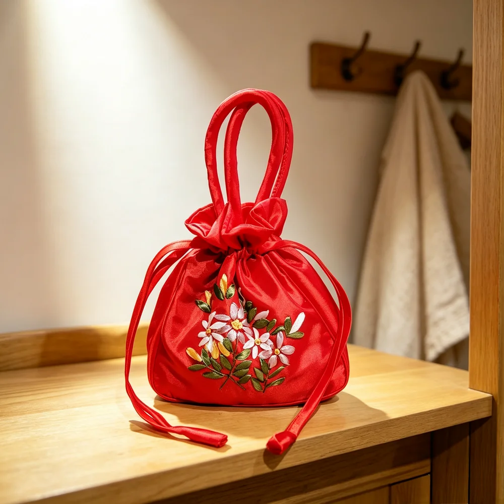 Red Fabric Drawstring Tote – 2‑in‑1 Handbag with Ribbon‑Embroidered Flowers, Lightweight & Roomy for Commuting