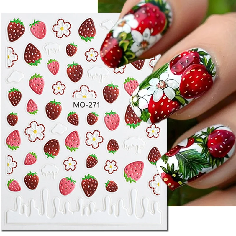 

5D Embossed Nail Art Decals Fruits Strawberry White Flowers Adhesive Sliders Nails Stickers Decorations For Manicure