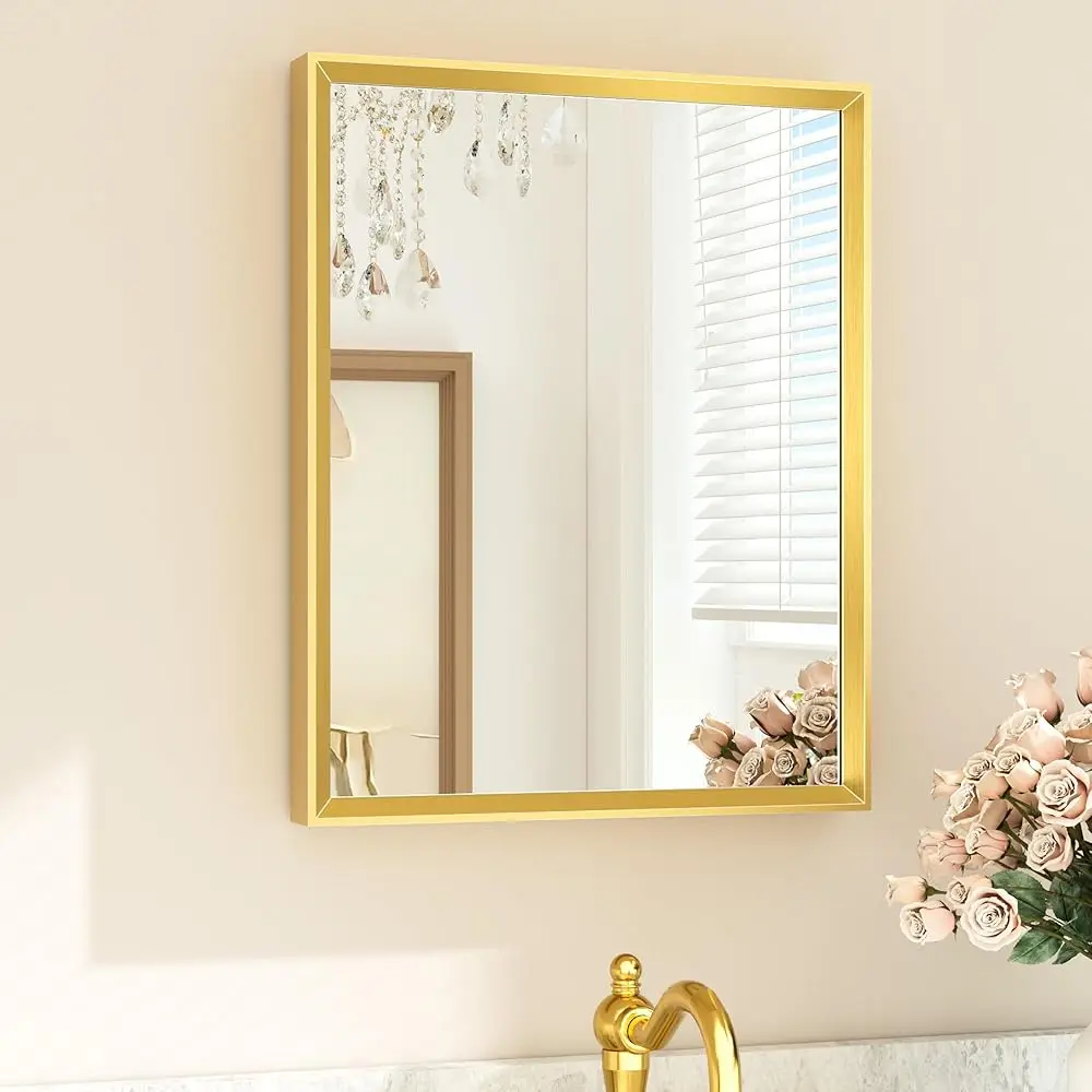 

Gold Bathroom Mirror 16\ x 20\ Brushed Gold Brass Rectangle Beveled Framed Bathroom Vanity Mirror for Over Sink, Tempered Gl