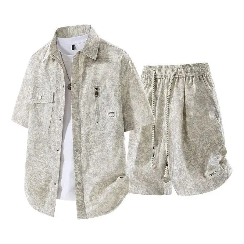 

Man Casual Shirts Short Sleeve Tie Dye Classic Shirt Collar Tshirt and Shorts Streetwear Pocket Vintage Comfortable Shorts Sets