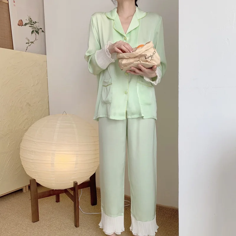 Spring Ruffles Cuff Pajamas Set Women 2PCS Shirt Trouser Pijamas Suit Rayon Sleepwear Home Wear Clothes