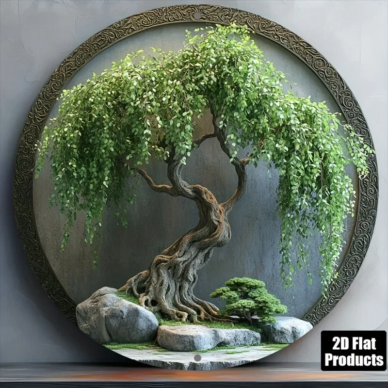 Vintage-Inspired Aluminum Wall Art - Round Bonsai Tree with Rocks & Moss, Ideal for Home, Bar, Kitchen,  Perfect Holiday Gift