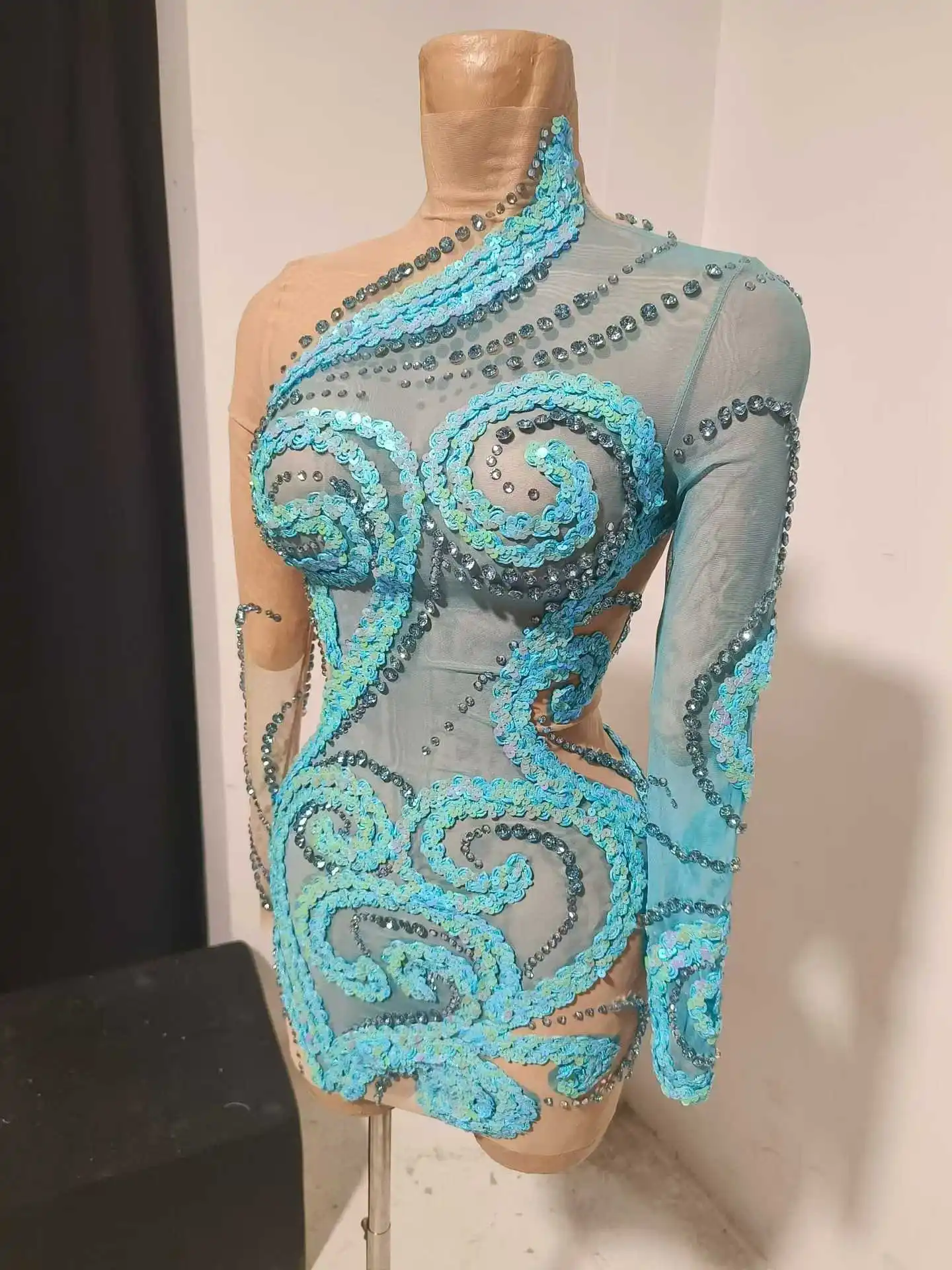 

Мини-платье женское с длинным рукавом, короткое, сетчатое, прозрачное, в стиле Party Queens, роскошное, со стразами, костюм 2026