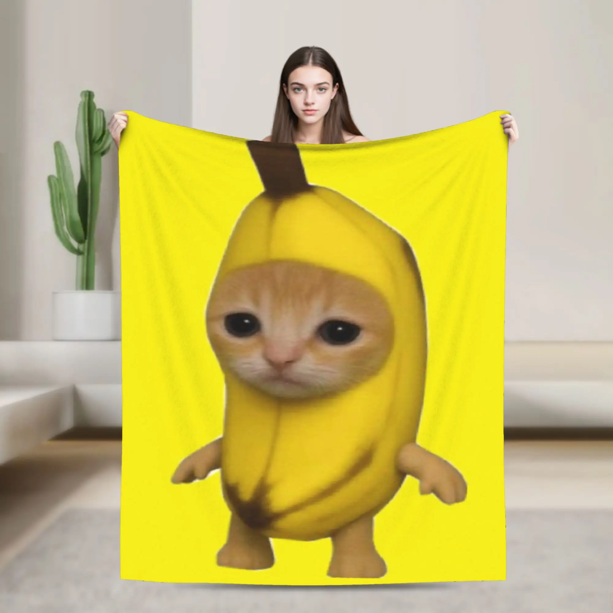 Banana Cat Happy Bananacat Meme Kawaii Yellow Blanket Cover Fuzzy Throw Blankets Bedding Couch Personalised Bedspread