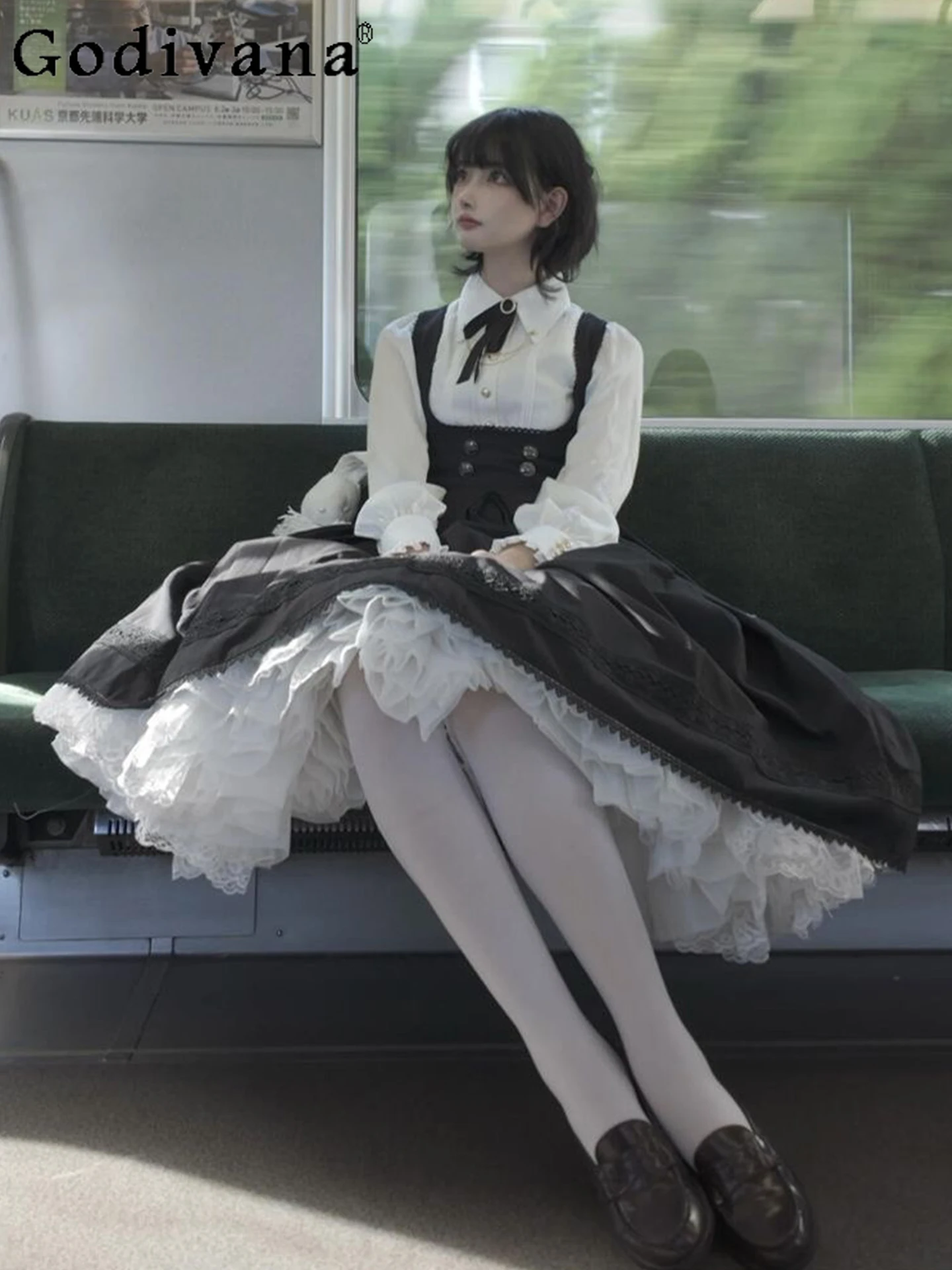 

Academy Style Japanese Original Lolita Gothic Dress Set Halloween Cosplay Retro Elegant Girl White Long Sleeve Shirt Set