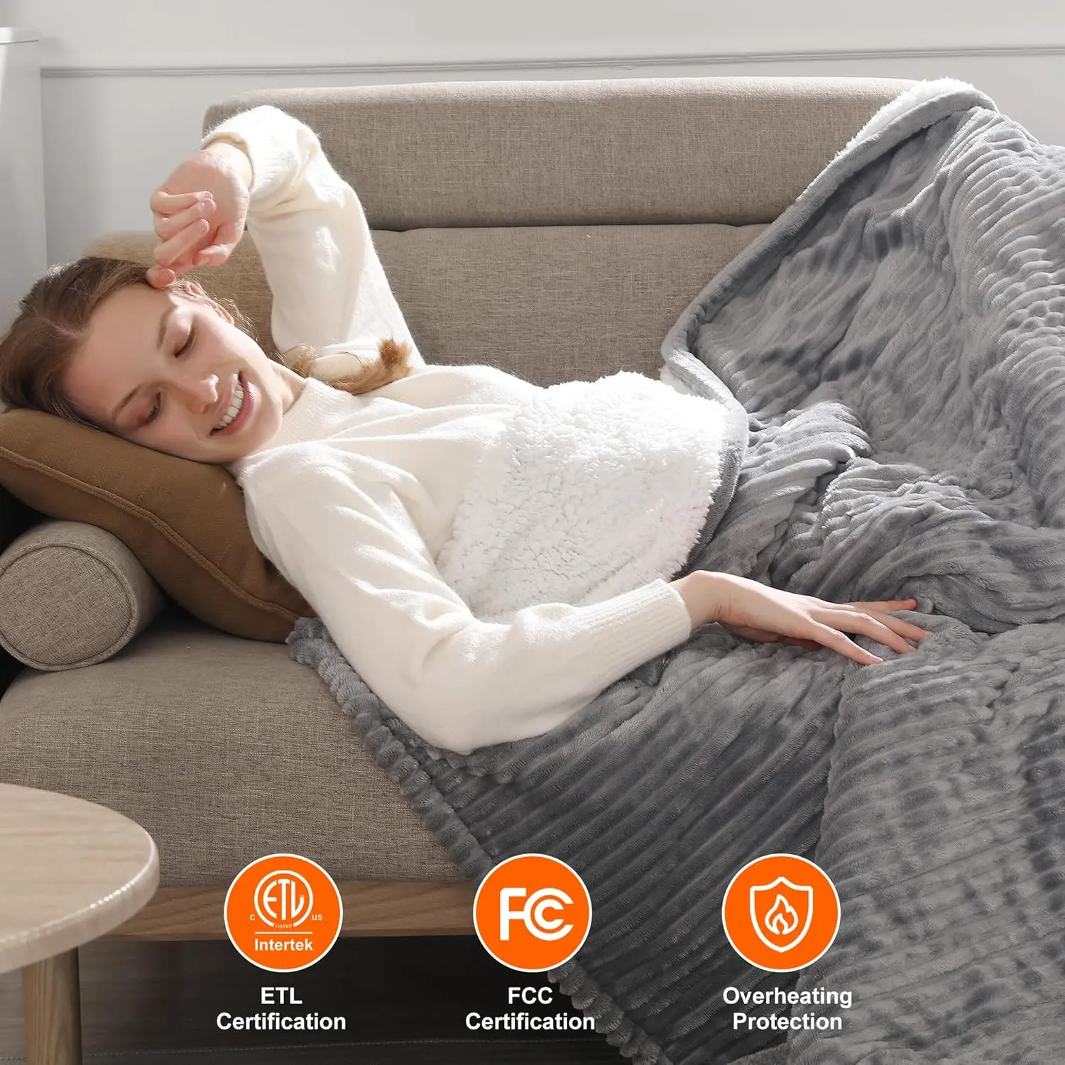 50x60 Electric Heated Throw Blanket, 5 Heat Settings, Auto Shutoff, Machine Washable, Light Grey