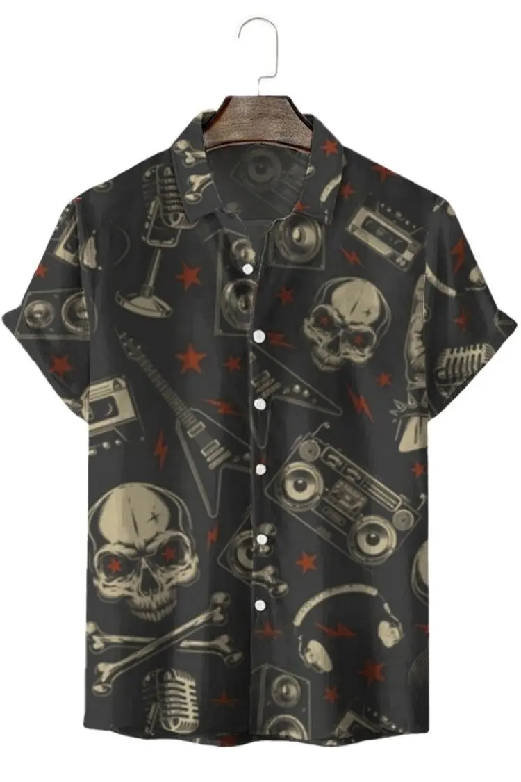 Men's Loose Fit Hawaiian Shirt, Short Sleeve Skull Print Shirt, Summer Casual Regular Button Down Blouse, Beach Style T-Shirt fo